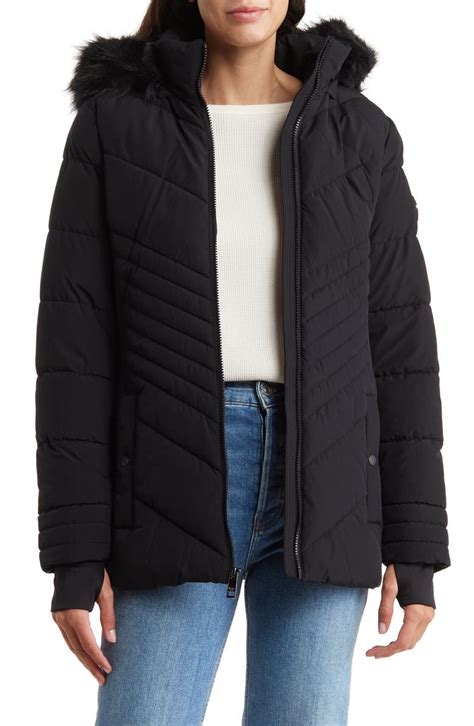 michael kors water resistant faux fur trim hooded puffer jacket|Michael Kors packable puffer jacket.